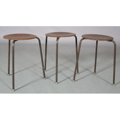 76 - Arne Jacobsen, a set of three 'Dot' stacking stools walnut veneered, circular seat on metal rod legs