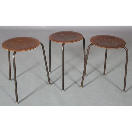 76 - Arne Jacobsen, a set of three 'Dot' stacking stools walnut veneered, circular seat on metal rod legs