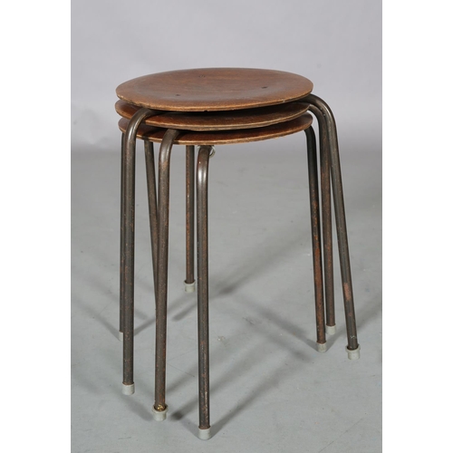 76 - Arne Jacobsen, a set of three 'Dot' stacking stools walnut veneered, circular seat on metal rod legs