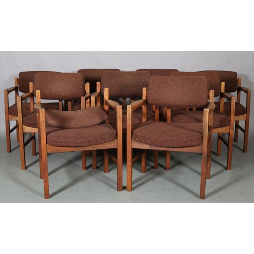 78 - Jens Risom Design Ltd, A set of nine teak armchairs, brown fabric upholstered panel to the back and ... 