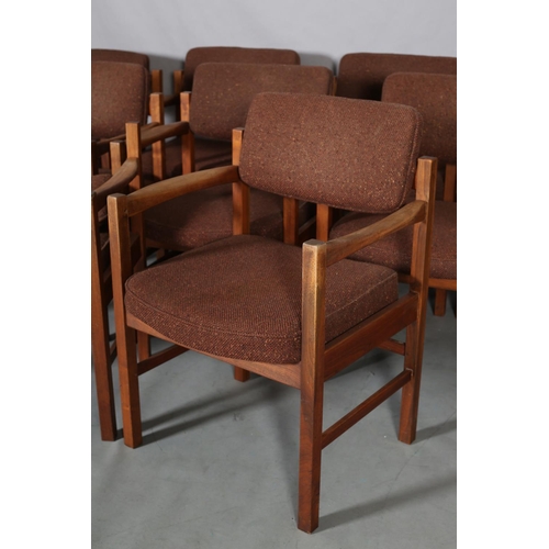 78 - Jens Risom Design Ltd, A set of nine teak armchairs, brown fabric upholstered panel to the back and ... 