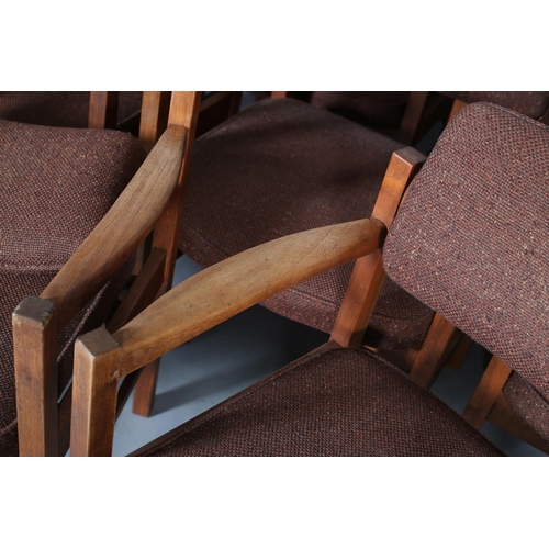 78 - Jens Risom Design Ltd, A set of nine teak armchairs, brown fabric upholstered panel to the back and ... 