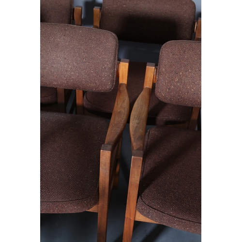 78 - Jens Risom Design Ltd, A set of nine teak armchairs, brown fabric upholstered panel to the back and ... 