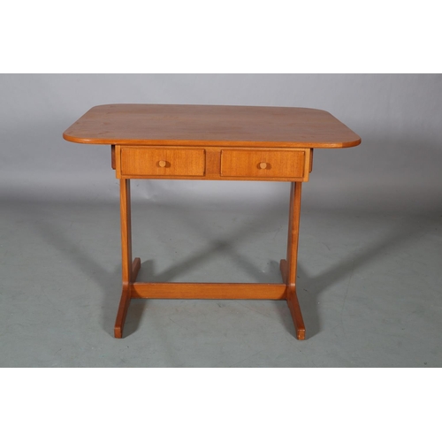 27 - A Danish teak table-desk, rectangular with rounded corners and one drop leaf above two drawers to th... 