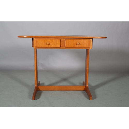 27 - A Danish teak table-desk, rectangular with rounded corners and one drop leaf above two drawers to th... 