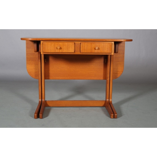 27 - A Danish teak table-desk, rectangular with rounded corners and one drop leaf above two drawers to th... 