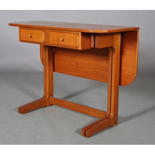 27 - A Danish teak table-desk, rectangular with rounded corners and one drop leaf above two drawers to th... 