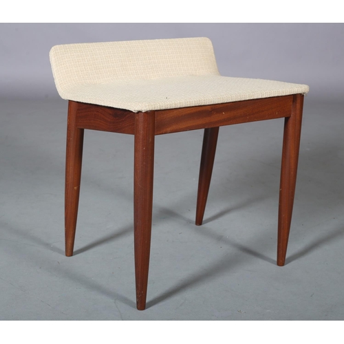 103 - A teak dressing stool with short raised back, upholstered seat, on rounded and tapered legs