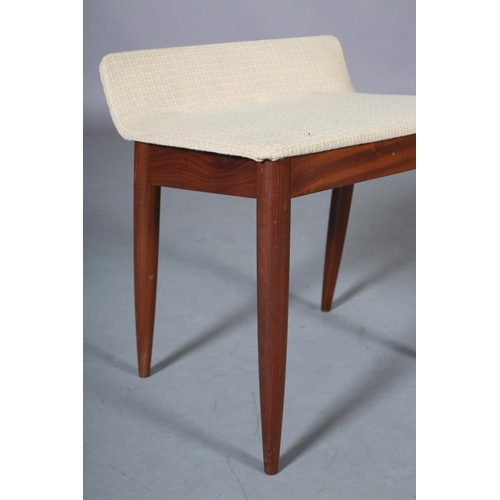 103 - A teak dressing stool with short raised back, upholstered seat, on rounded and tapered legs