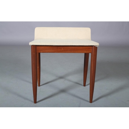 103 - A teak dressing stool with short raised back, upholstered seat, on rounded and tapered legs