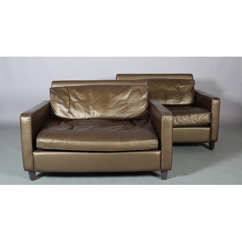 118 - A pair of Habitat brown leather 'Cuddle' chairs, 120cm wide x 86cm deep x 79cm high