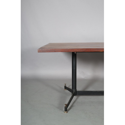 60 - An Italian walnut dining table c1960s on metal twin pedestal joined by a stretcher and on splayed fe... 