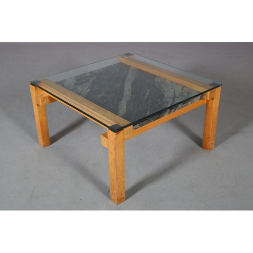 35 - John Makepeace, a marble and glass top coffee table, of square outline, on beech framing, 63.5cm