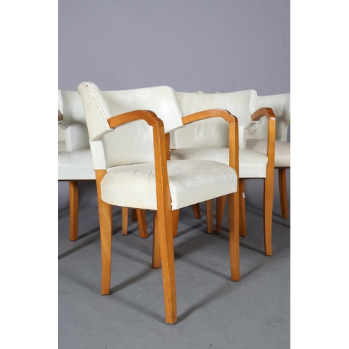 107 - A set of six Art Deco walnut and cream leather club chairs, with tub-shaped back, on square tapered ... 