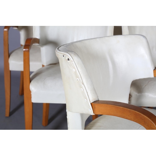 107 - A set of six Art Deco walnut and cream leather club chairs, with tub-shaped back, on square tapered ... 