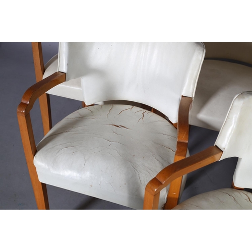 107 - A set of six Art Deco walnut and cream leather club chairs, with tub-shaped back, on square tapered ... 