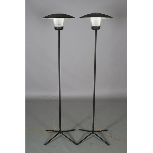 84 - A pair of French metal and holophane glass floor lamps, c1950s, 175cm