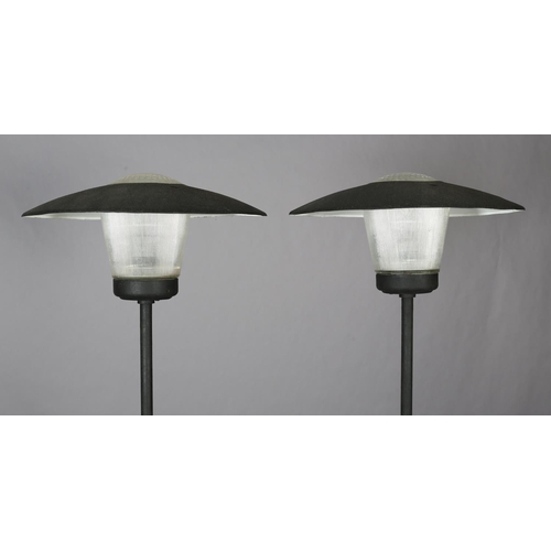 84 - A pair of French metal and holophane glass floor lamps, c1950s, 175cm