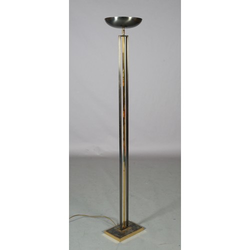 32 - Lareico, Italy, A pewter and brass coloured metal floor lamp, c1970s, with bowl shaped shade, on tri... 