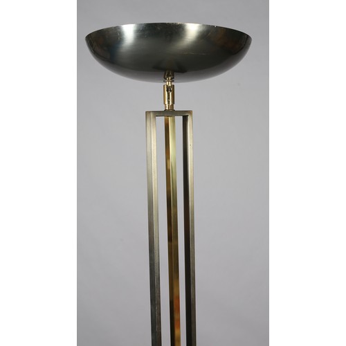 32 - Lareico, Italy, A pewter and brass coloured metal floor lamp, c1970s, with bowl shaped shade, on tri... 