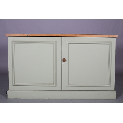 310 - A green painted two door cabinet with pine surface, fitted with shelves, plinth base