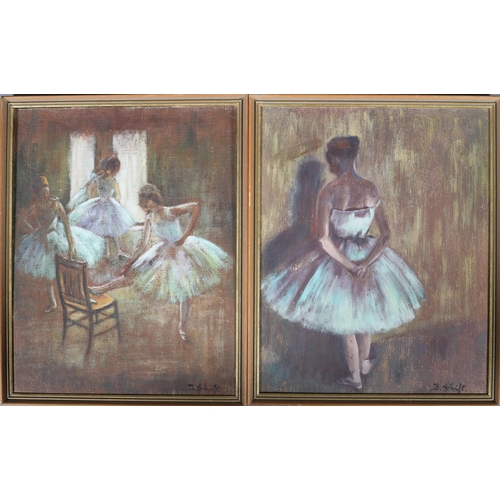 145 - After Degas, ballerinas, a pair, oil on board, signed verso, 37cm x 30.5cm (2)