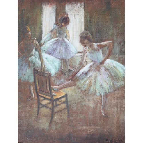 145 - After Degas, ballerinas, a pair, oil on board, signed verso, 37cm x 30.5cm (2)