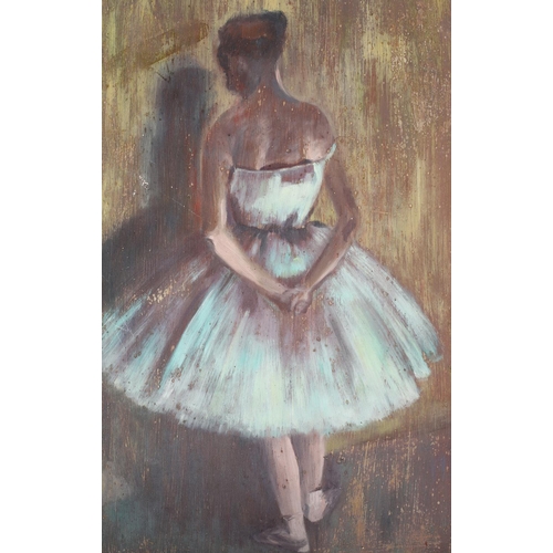 145 - After Degas, ballerinas, a pair, oil on board, signed verso, 37cm x 30.5cm (2)