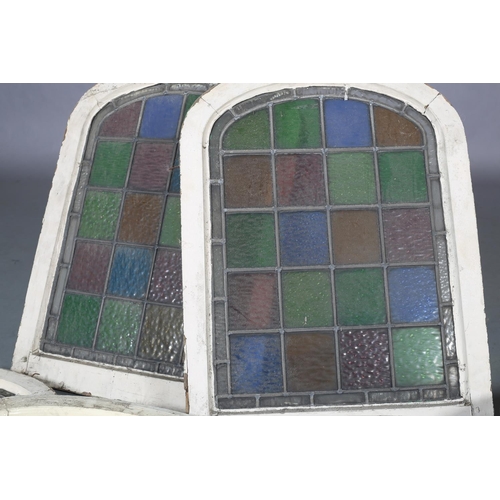 125 - A set of six colour stain glass leaded windows in arched frames, c1890, each 69cm x 52cm