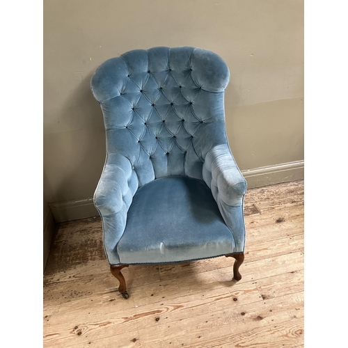 319 - A 1920's walnut button back armchair upholstered in mid-blue velvet on cabriole legs with castors