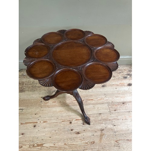 330 - An 18th century style mahogany supper table, the circular snap top of scalloped outline revolving on... 