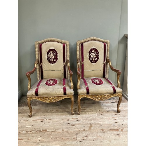 312 - A pair  of 17th Century style Italian gilt wood open armchairs with silk and velvet upholstery to th... 