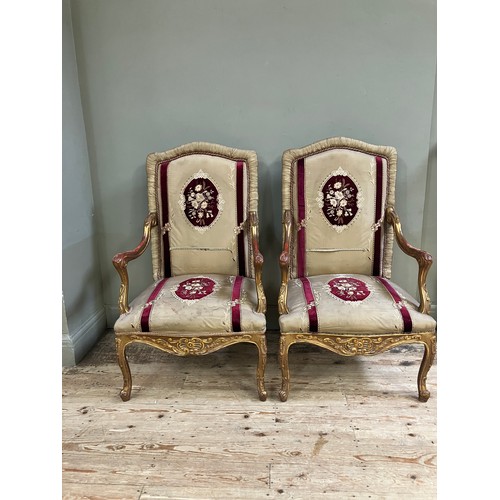 312 - A pair  of 17th Century style Italian gilt wood open armchairs with silk and velvet upholstery to th... 