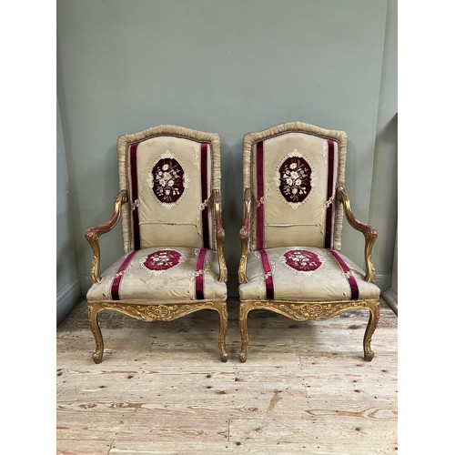 312 - A pair  of 17th Century style Italian gilt wood open armchairs with silk and velvet upholstery to th... 