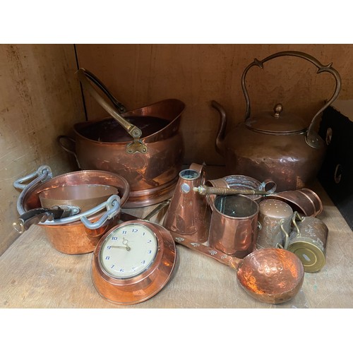 70 - A collection of 19th century and later copper including a copper kettle, coal scuttle, pans, drinkin... 