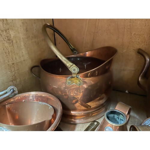 70 - A collection of 19th century and later copper including a copper kettle, coal scuttle, pans, drinkin... 