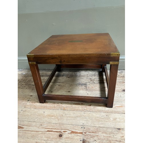 334 - A mahogany and brass bound campaign style lamp table of square outline and on square framing, 56cm x... 