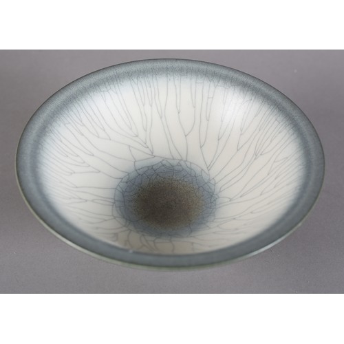 7 - David James White (1934-2011), porcelain pedestal bowl of crackle glaze and spray-on glaze, impresse... 