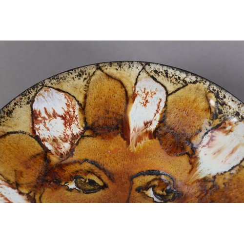 10 - Joyce Morgan, Chelsea Pottery, Sun face shallow dish, c1960/70s, glazed in amber, brown and white, 1... 