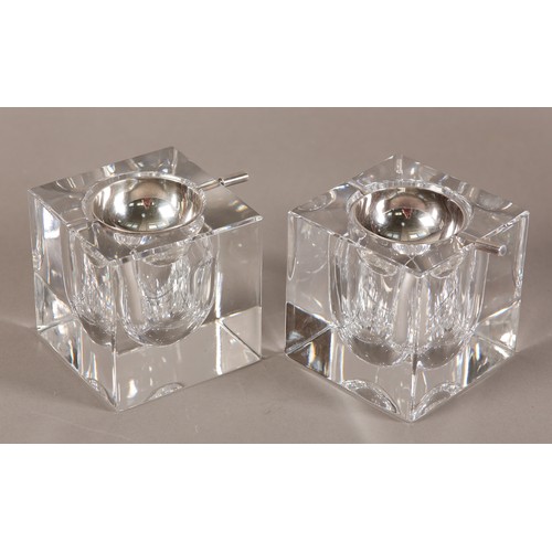 51 - Ercuis, France, A pair of clear ashtrays of cuboid form with silver plated dished liners, 9cm