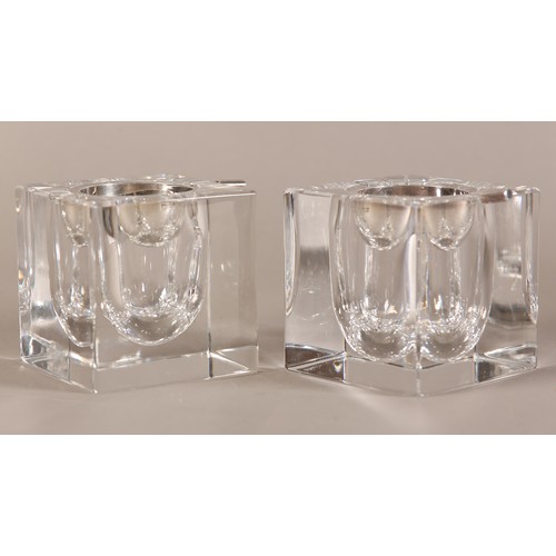 51 - Ercuis, France, A pair of clear ashtrays of cuboid form with silver plated dished liners, 9cm