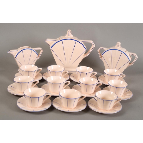 88 - A French Art-Deco pottery tea service by St Amandinoise, the pink fanned fanned body highlighted in ... 