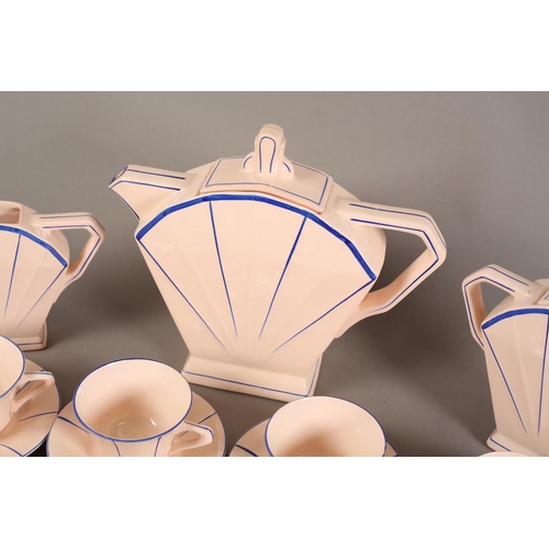 88 - A French Art-Deco pottery tea service by St Amandinoise, the pink fanned fanned body highlighted in ... 