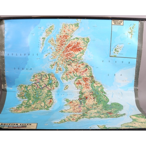 142 - A wall map of the British Isles, c1980s, contoured, plastic, on ebonised poles, 146cm x 135cm