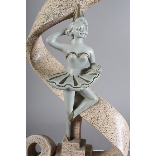 137 - A 1950s chalk ware table lamp modelled as a female dancer and riband, on a square stepped base with ... 