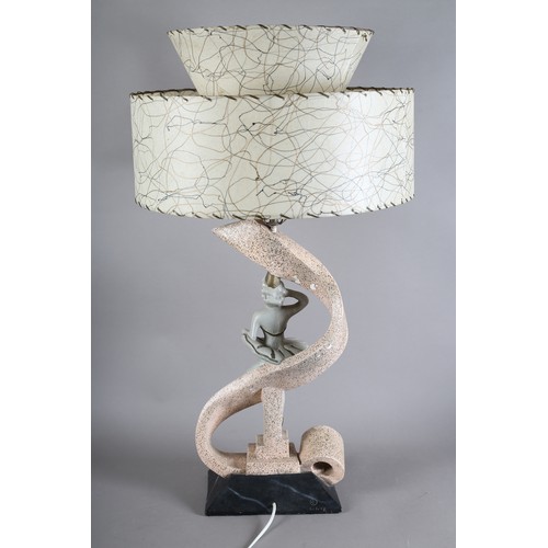 137 - A 1950s chalk ware table lamp modelled as a female dancer and riband, on a square stepped base with ... 