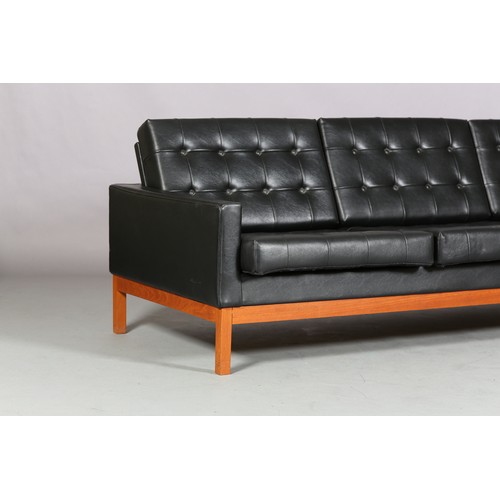 1 - Robin Day for Hille, a black leather-effect button upholstered three seater sofa, c1960s, with beech... 