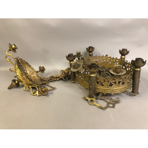 203 - A 19th century gilt metal ceiling light, with ornate pierced frame having six mounts, some missing, ... 