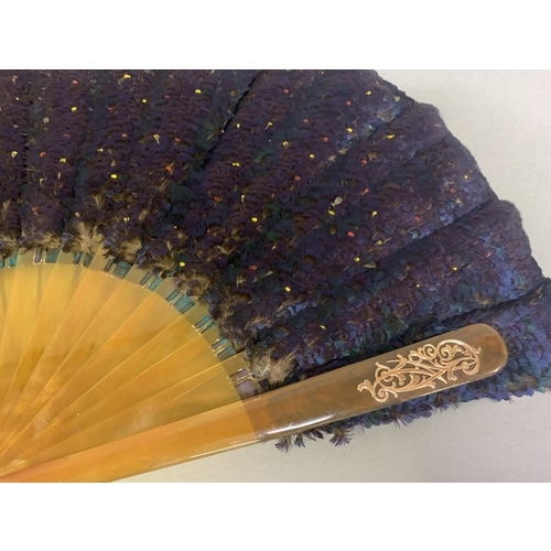 354 - A scarce example of a Himalayan Monal pheasant feather fan, (Lophophorus impejanus), the monture of ... 