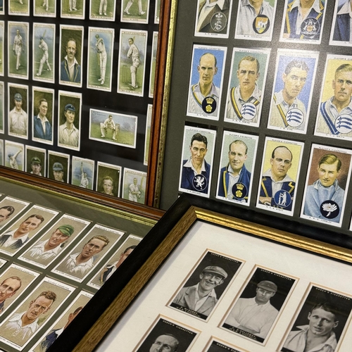 480 - Four complete sets of cricket-related cigarette cards, mitre and glass mounted, comprising Cricketer... 